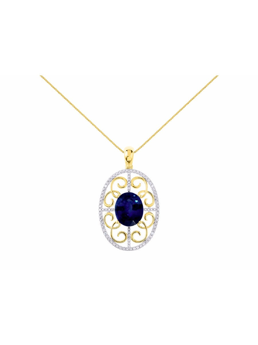 RYLOS Designer Halo Necklace: Gemstone & Diamond Pendant, 18 inch Chain, 12X10MM, Women's Elegant Jewelry - Yellow Gold Plated Silver