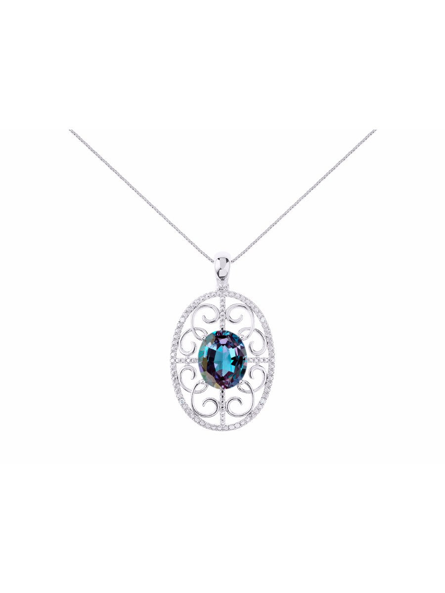 RYLOS Designer Halo Necklace: Gemstone & Diamond Pendant, 18 inch Chain, 12X10MM, Women's Elegant Jewelry - Sterling Silver
