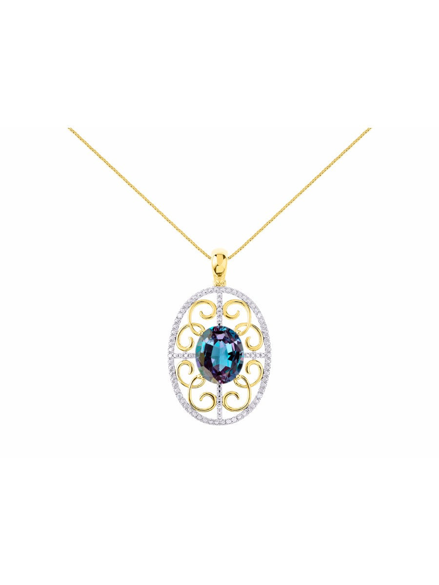 RYLOS Designer Halo Necklace: Gemstone & Diamond Pendant, 18 inch Chain, 12X10MM, Women's Elegant Jewelry - Yellow Gold Plated Silver