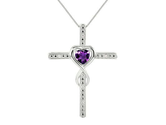 RYLOS Women's 14K White Gold Heart Gemstone & Diamond Cross Necklace. 6MM Birthstone. With 18" Chain. Elegant Jewelry for Women.