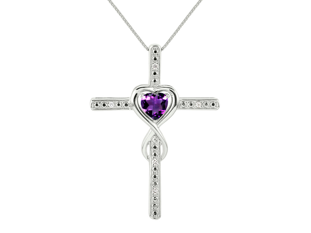 RYLOS Heart Gemstone & Diamond Cross Necklace. 6MM Birthstone. 18 inch Chain. Elegant Jewelry for Women - Sterling Silver