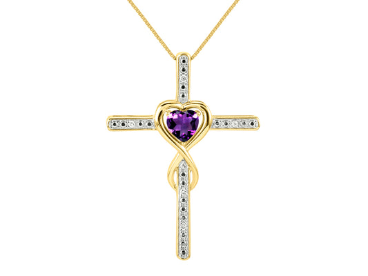 RYLOS Heart Gemstone & Diamond Cross Necklace. 6MM Birthstone. 18" Chain. Elegant Jewelry for Women - Yellow Gold Plated Silver