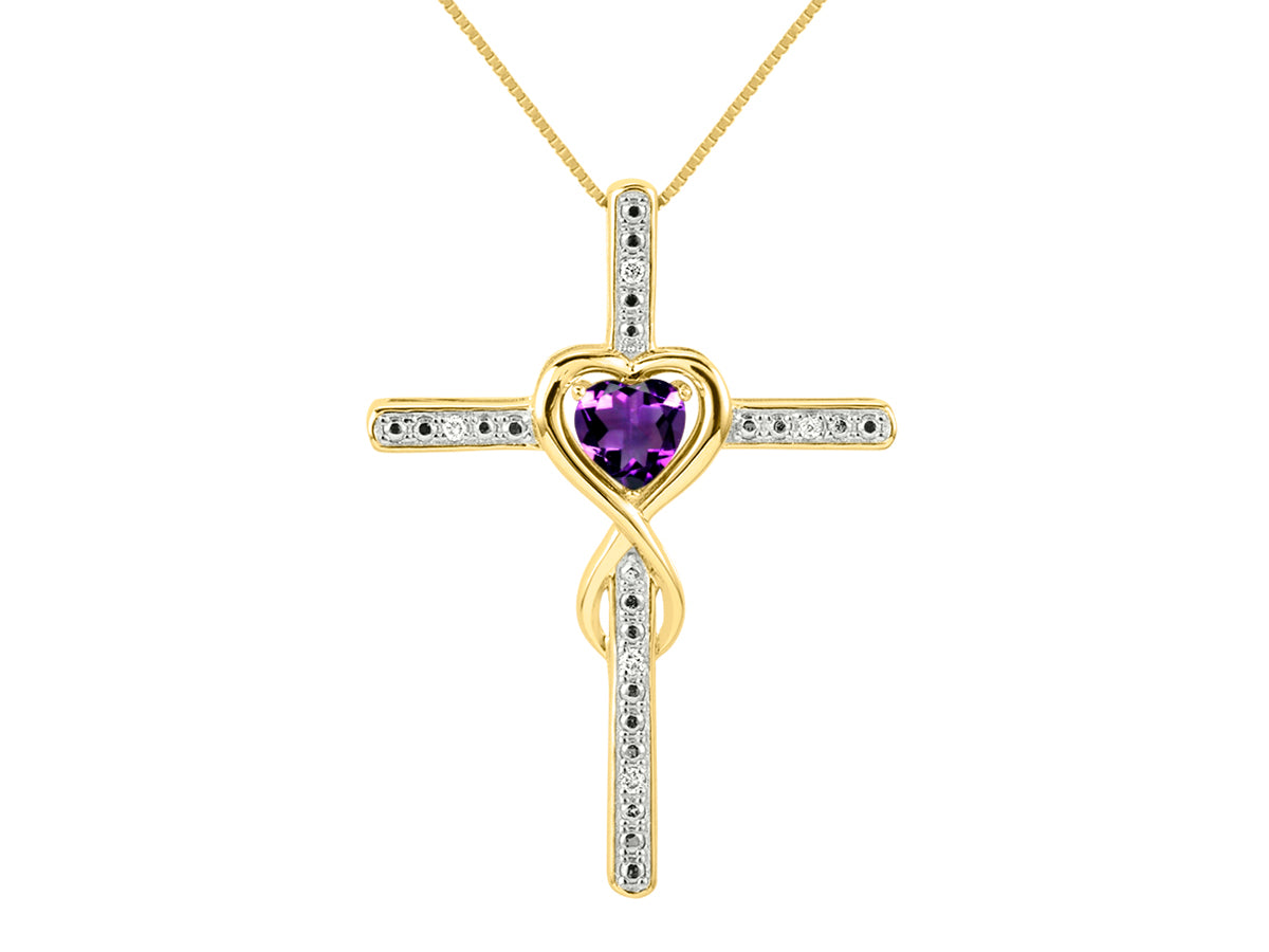 RYLOS Women's 14K Yellow Gold Heart Gemstone & Diamond Cross Necklace. 6MM Birthstone. With 18 inch Chain. Elegant Jewelry for Women.