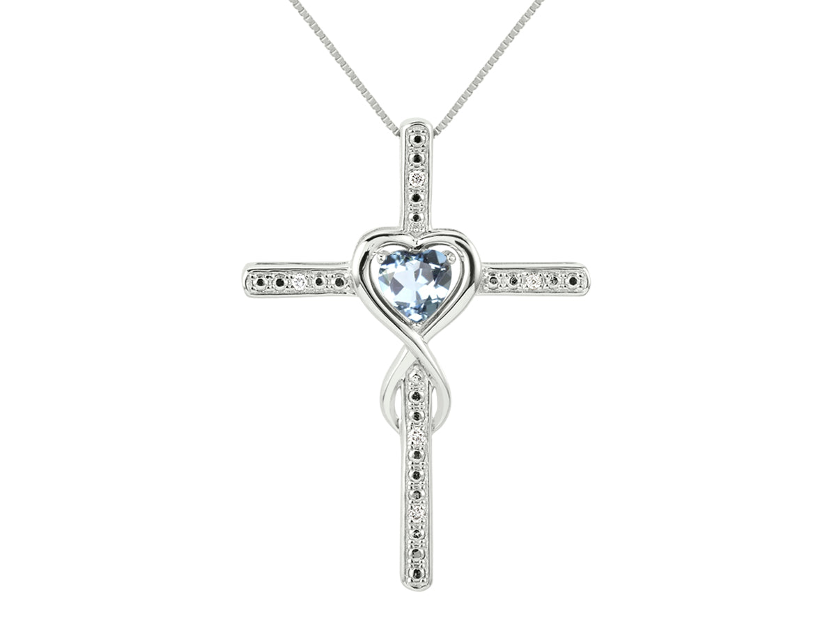 RYLOS Heart Gemstone & Diamond Cross Necklace. 6MM Birthstone. 18 inch Chain. Elegant Jewelry for Women - Sterling Silver
