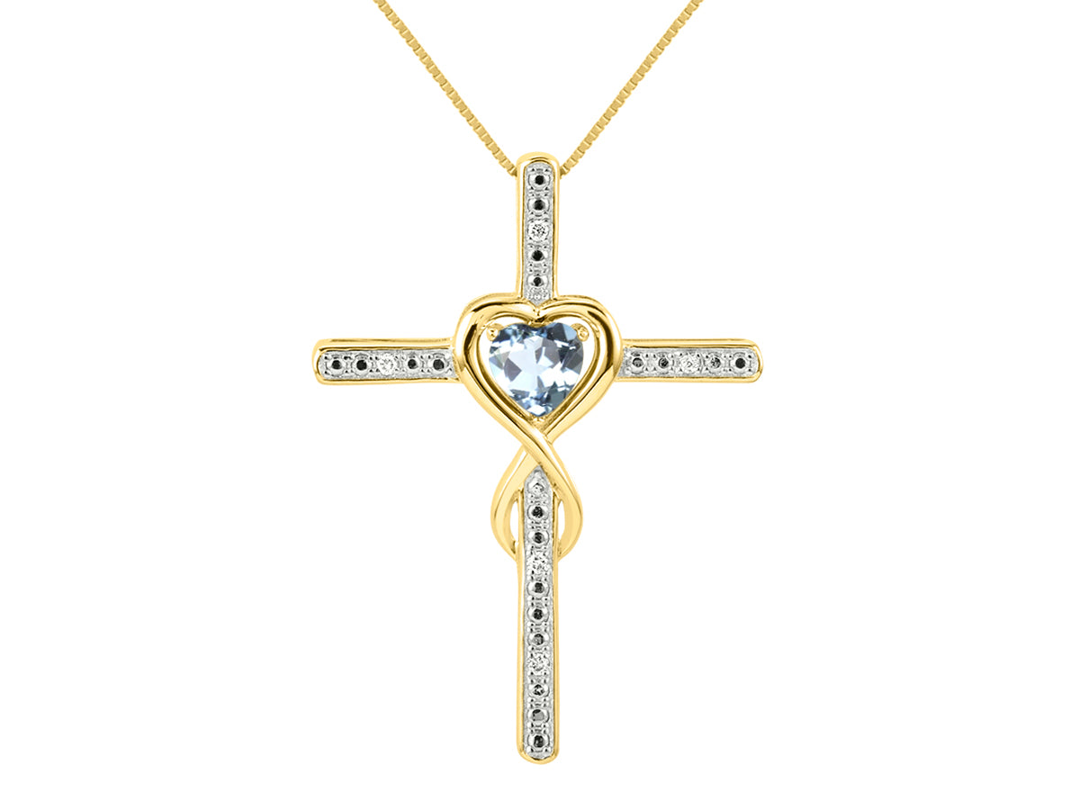 RYLOS Women's 14K Yellow Gold Heart Gemstone & Diamond Cross Necklace. 6MM Birthstone. With 18 inch Chain. Elegant Jewelry for Women.