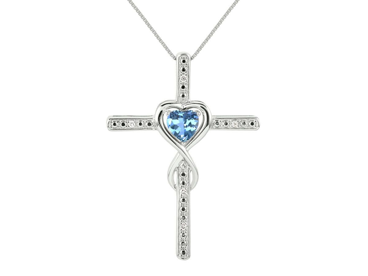 RYLOS Heart Gemstone & Diamond Cross Necklace. 6MM Birthstone. 18 inch Chain. Elegant Jewelry for Women - Sterling Silver