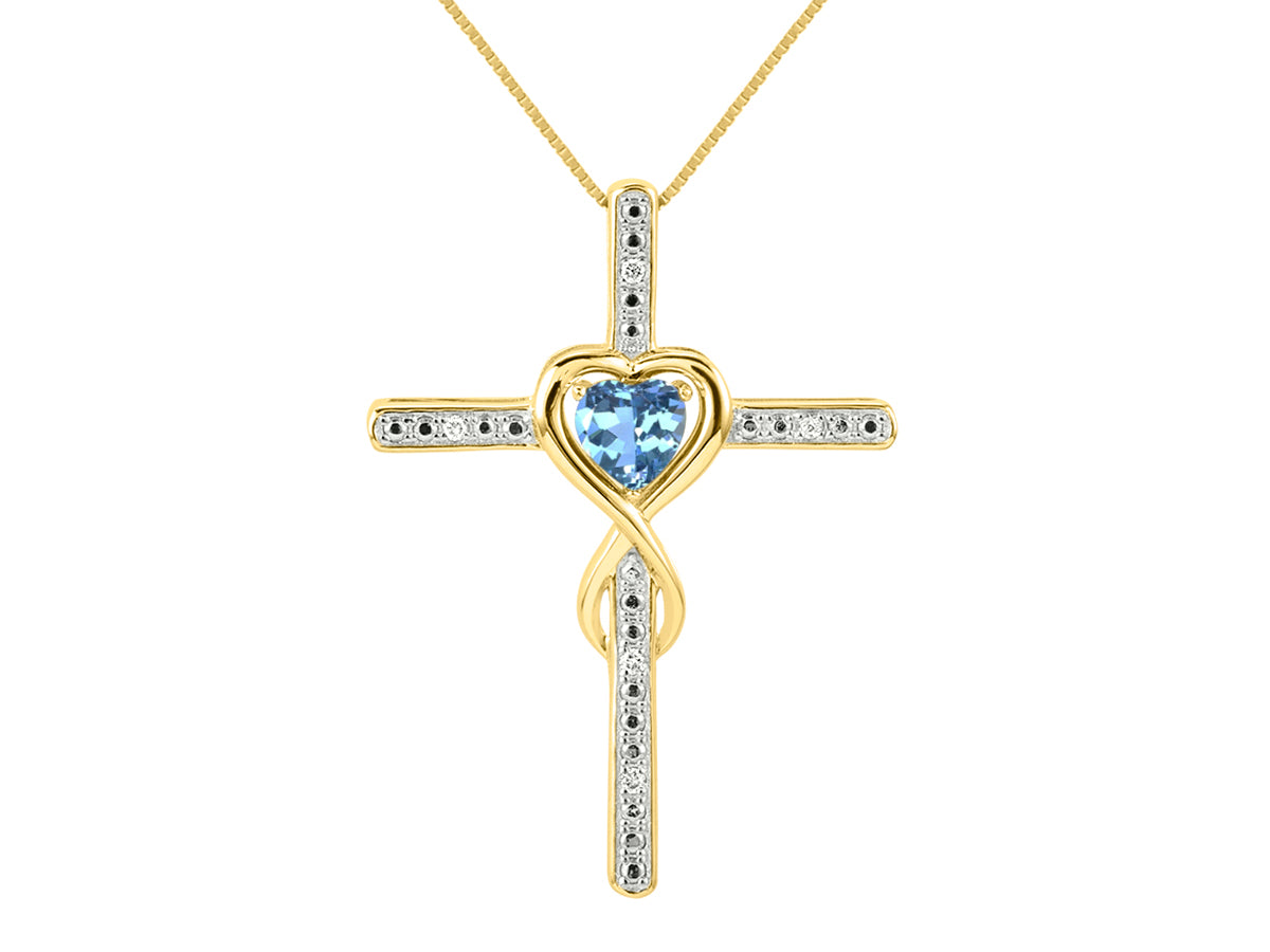 RYLOS Women's 14K Yellow Gold Heart Gemstone & Diamond Cross Necklace. 6MM Birthstone. With 18 inch Chain. Elegant Jewelry for Women.