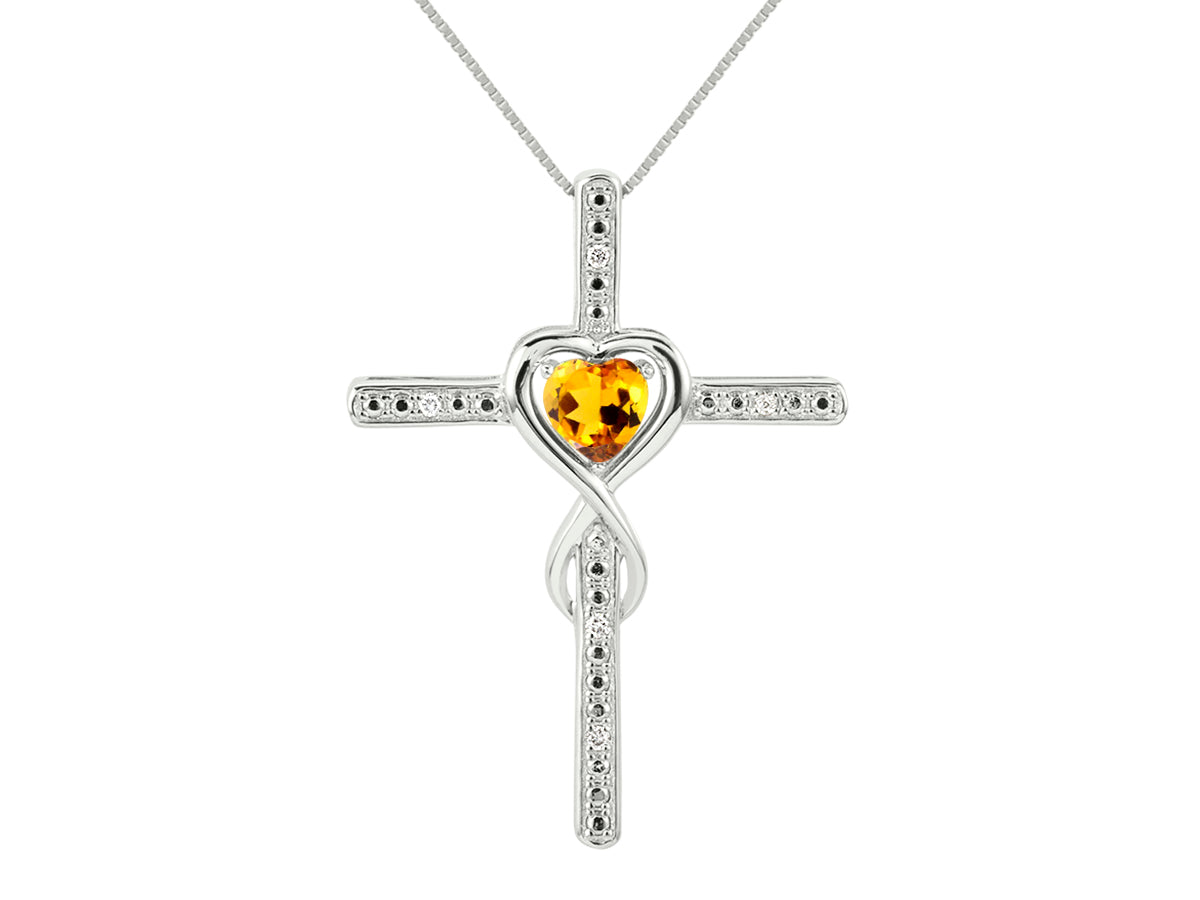 RYLOS Heart Gemstone & Diamond Cross Necklace. 6MM Birthstone. 18 inch Chain. Elegant Jewelry for Women - Sterling Silver
