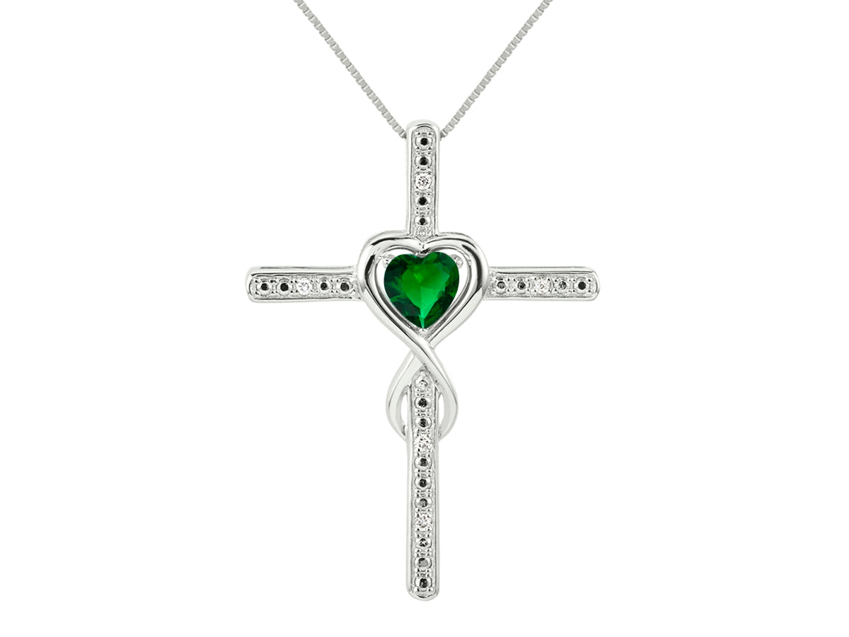 RYLOS Heart Gemstone & Diamond Cross Necklace. 6MM Birthstone. 18 inch Chain. Elegant Jewelry for Women - Sterling Silver