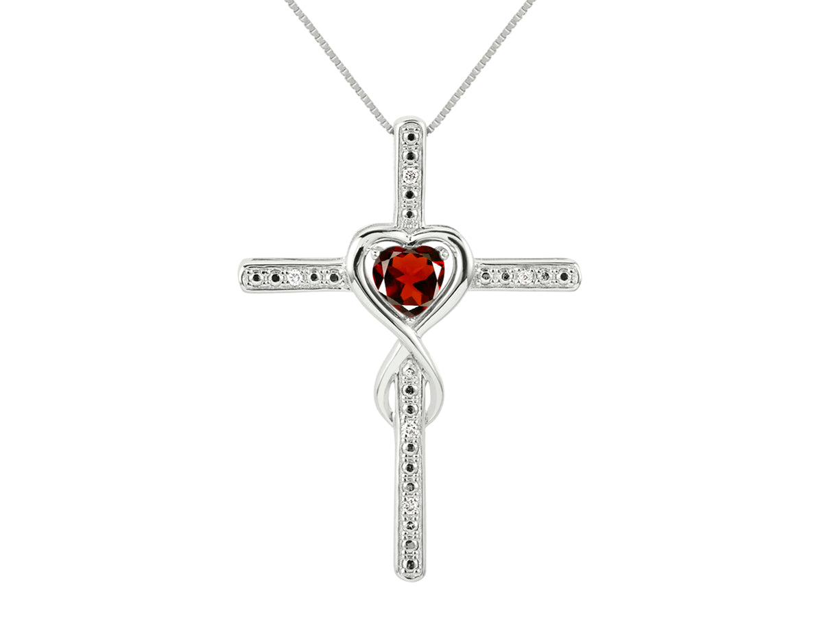 RYLOS Heart Gemstone & Diamond Cross Necklace. 6MM Birthstone. 18 inch Chain. Elegant Jewelry for Women - Sterling Silver