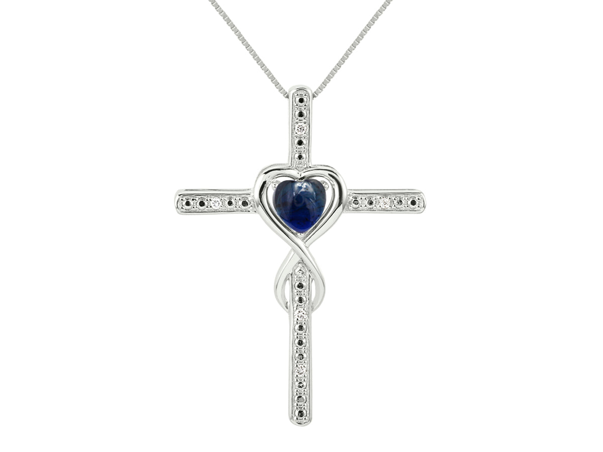RYLOS Heart Gemstone & Diamond Cross Necklace. 6MM Birthstone. 18 inch Chain. Elegant Jewelry for Women - Sterling Silver