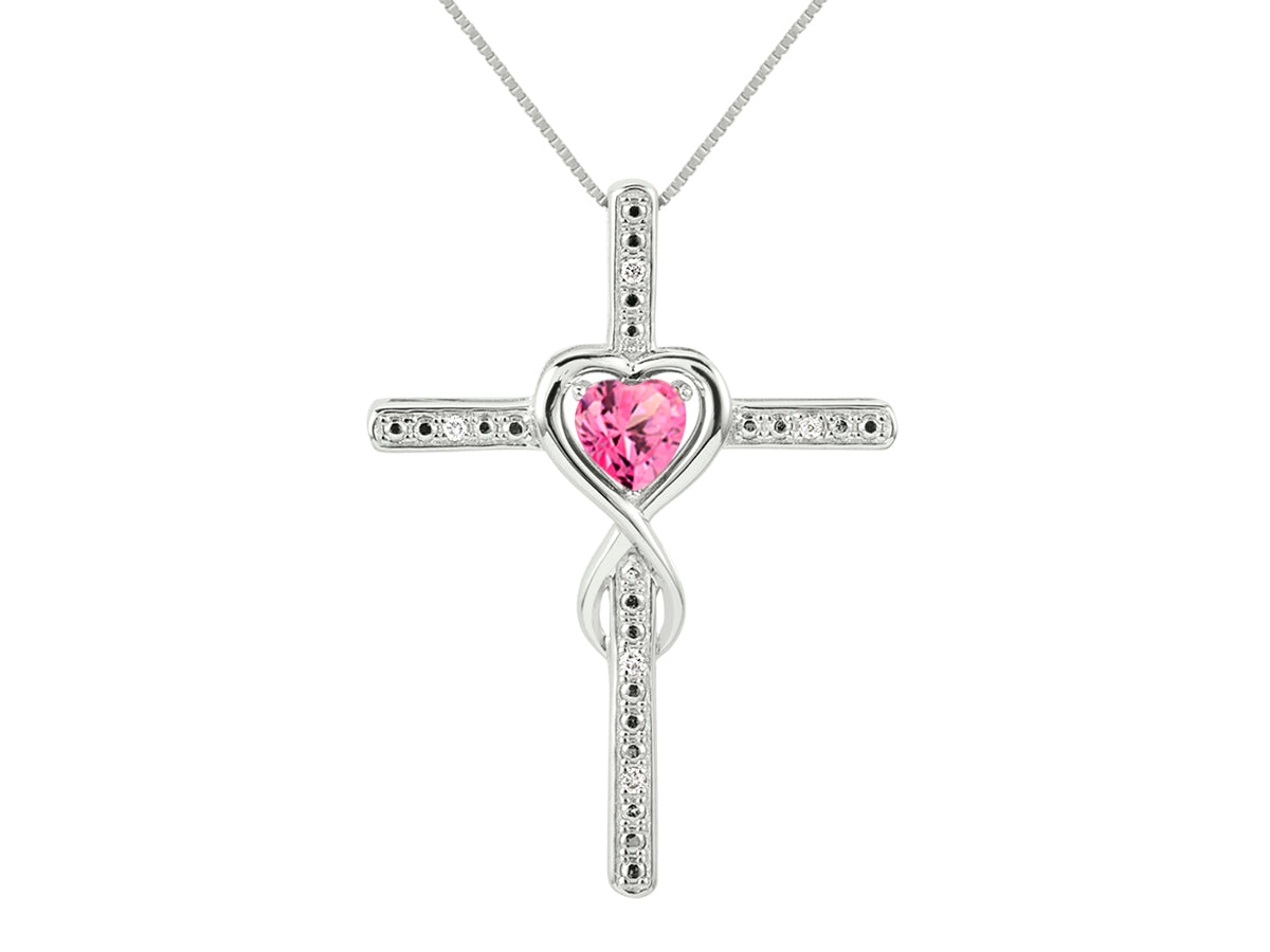 RYLOS Heart Gemstone & Diamond Cross Necklace. 6MM Birthstone. 18 inch Chain. Elegant Jewelry for Women - Sterling Silver