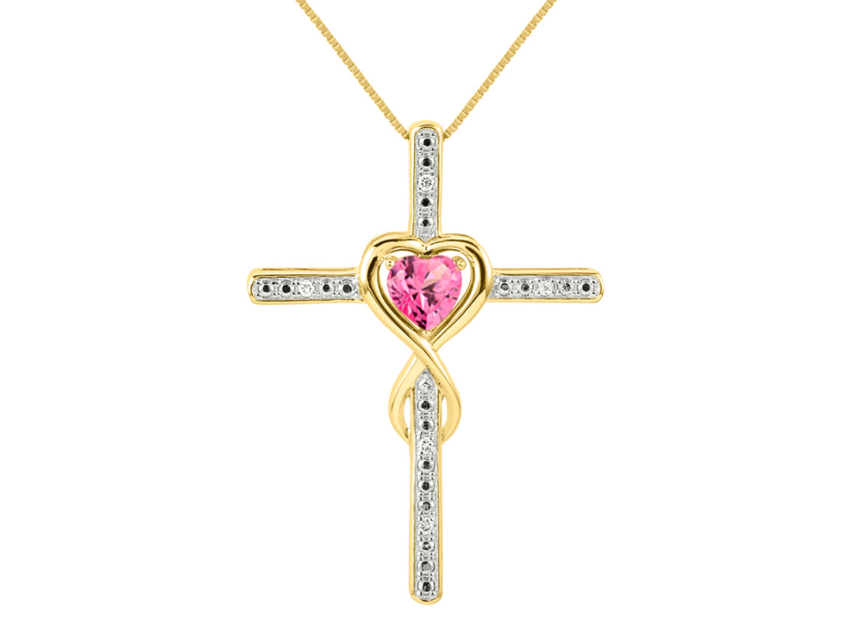 RYLOS Women's 14K Yellow Gold Heart Gemstone & Diamond Cross Necklace. 6MM Birthstone. With 18 inch Chain. Elegant Jewelry for Women.