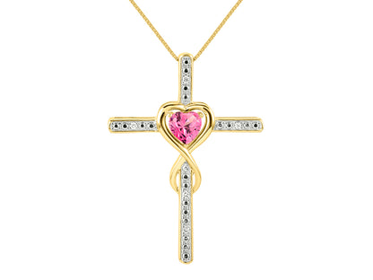 RYLOS Women's 14K Yellow Gold Heart Gemstone & Diamond Cross Necklace. 6MM Birthstone. With 18 inch Chain. Elegant Jewelry for Women.