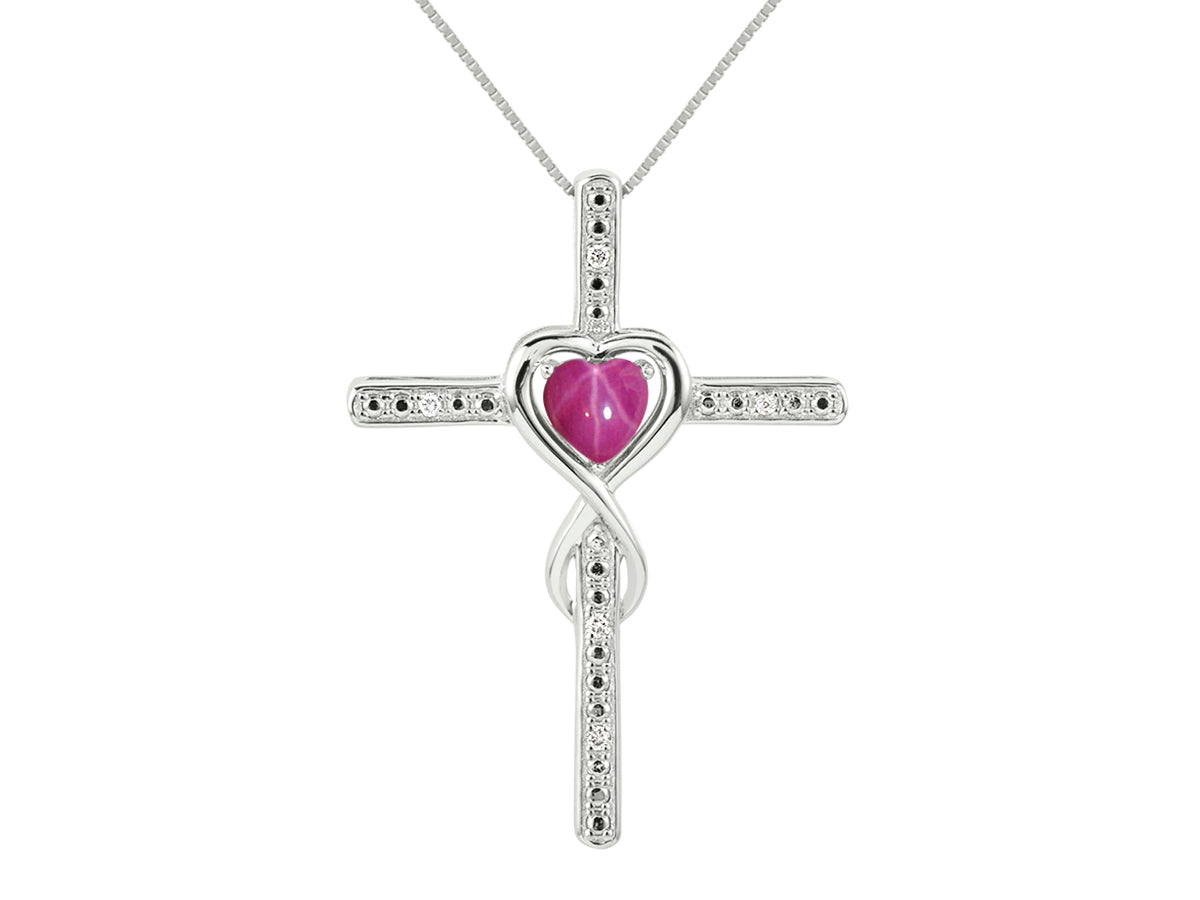 RYLOS Heart Gemstone & Diamond Cross Necklace. 6MM Birthstone. 18 inch Chain. Elegant Jewelry for Women - Sterling Silver