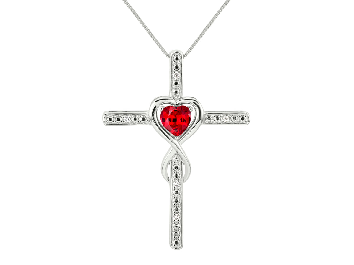 RYLOS Heart Gemstone & Diamond Cross Necklace. 6MM Birthstone. 18 inch Chain. Elegant Jewelry for Women - Sterling Silver