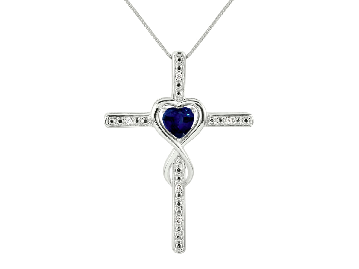 RYLOS Heart Gemstone & Diamond Cross Necklace. 6MM Birthstone. 18 inch Chain. Elegant Jewelry for Women - Sterling Silver