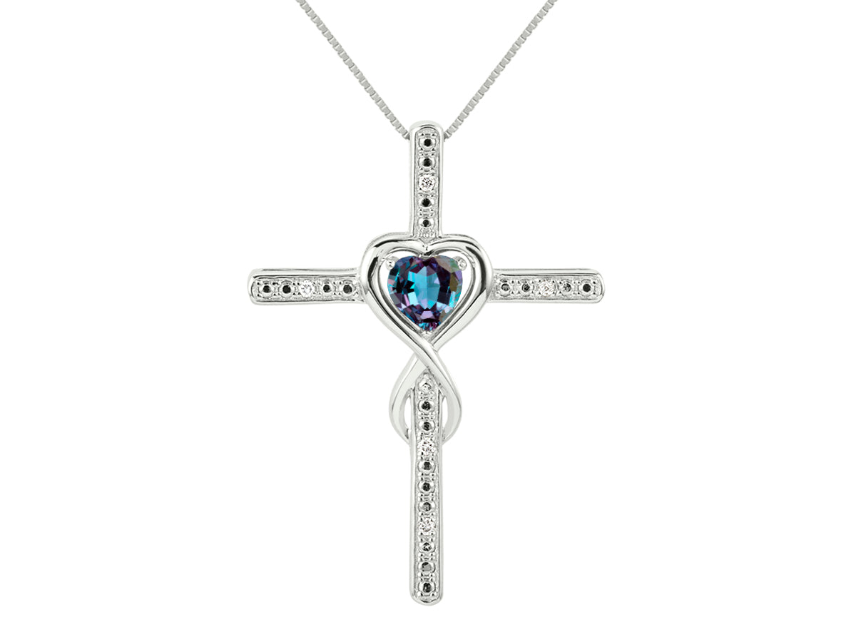 RYLOS Heart Gemstone & Diamond Cross Necklace. 6MM Birthstone. 18 inch Chain. Elegant Jewelry for Women - Sterling Silver