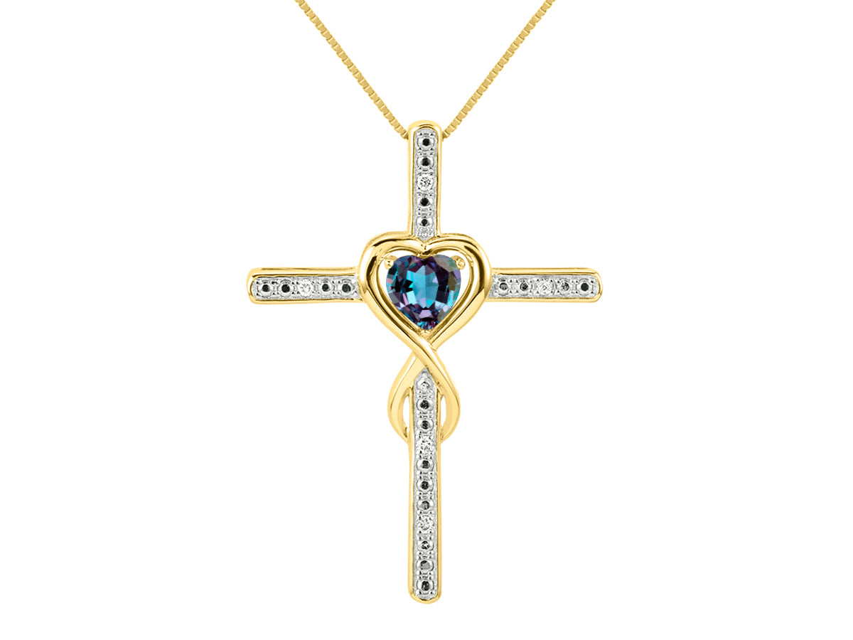 RYLOS Women's 14K Yellow Gold Heart Gemstone & Diamond Cross Necklace. 6MM Birthstone. With 18 inch Chain. Elegant Jewelry for Women.
