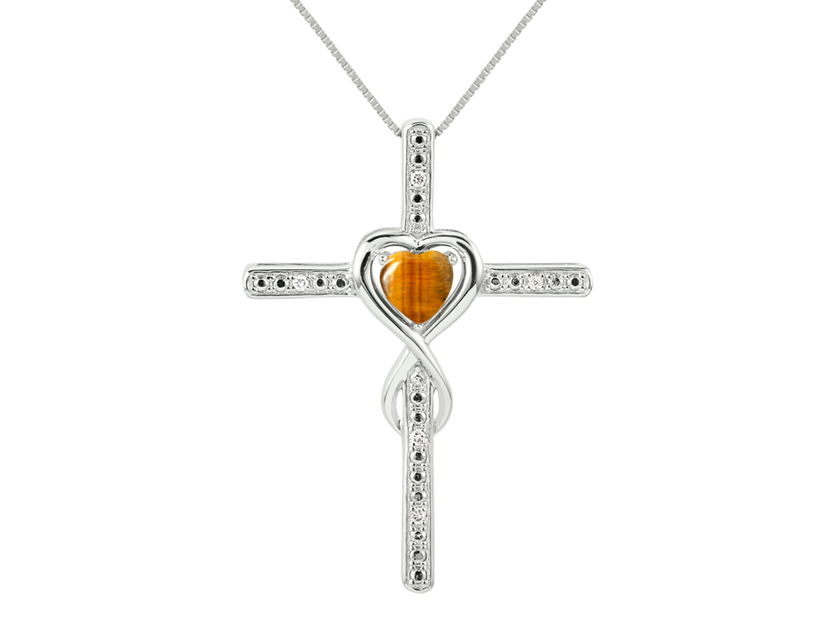 RYLOS Heart Gemstone & Diamond Cross Necklace. 6MM Birthstone. 18 inch Chain. Elegant Jewelry for Women - Sterling Silver