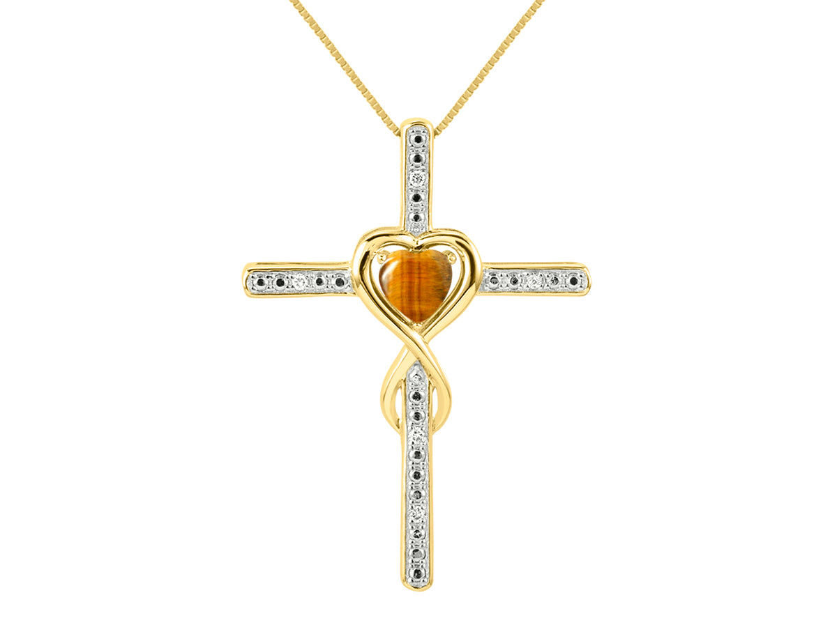 RYLOS Women's 14K Yellow Gold Heart Gemstone & Diamond Cross Necklace. 6MM Birthstone. With 18 inch Chain. Elegant Jewelry for Women.
