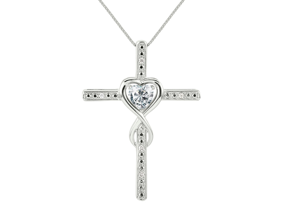 RYLOS Heart Gemstone & Diamond Cross Necklace. 6MM Birthstone. 18 inch Chain. Elegant Jewelry for Women - Sterling Silver