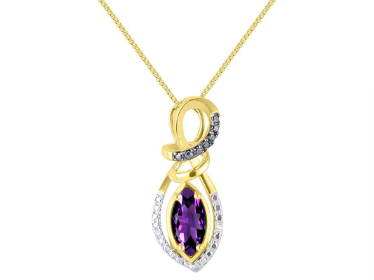 RYLOS Designer Necklace: Marquise Gemstone & White & Black Diamond Pendant, 18" Chain, 10X5MM Birthstone, Women's Elegant Yellow Gold Plated Silver Jewelry