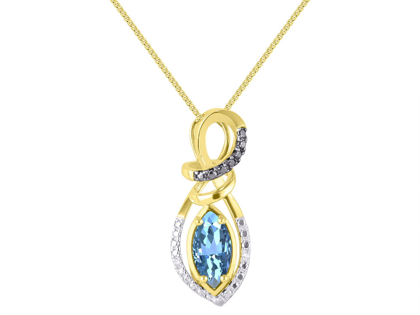 RYLOS 14K Yellow Gold Designer Necklace: Marquise Gemstone & White & Black Diamond Pendant, 18" Chain, 10X5MM Birthstone, Women's Elegant Jewelry