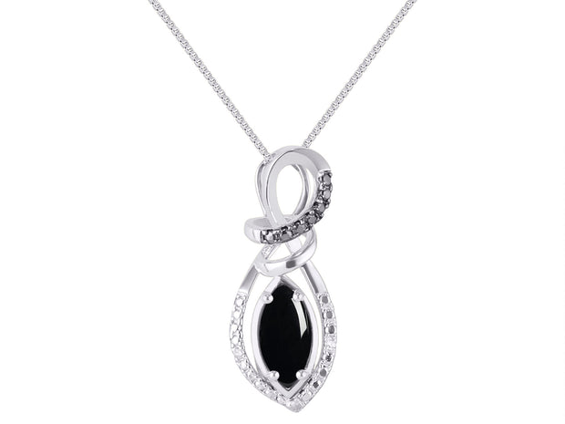 RYLOS Designer Necklace: Marquise Gemstone & White & Black Diamond Pendant, 18" Chain, 10X5MM Birthstone, Women's Elegant Sterling Silver Jewelry