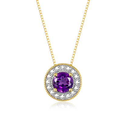 RYLOS Halo Designer Necklace: Gemstone & Diamond, 18" Chain, 4MM Birthstone, Yellow Gold Plated Silver Women's Elegant Jewelry