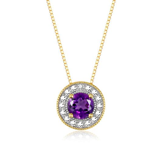 RYLOS Halo Designer Necklace: Gemstone & Diamond, 18" Chain, 4MM Birthstone, Yellow Gold Plated Silver Women's Elegant Jewelry
