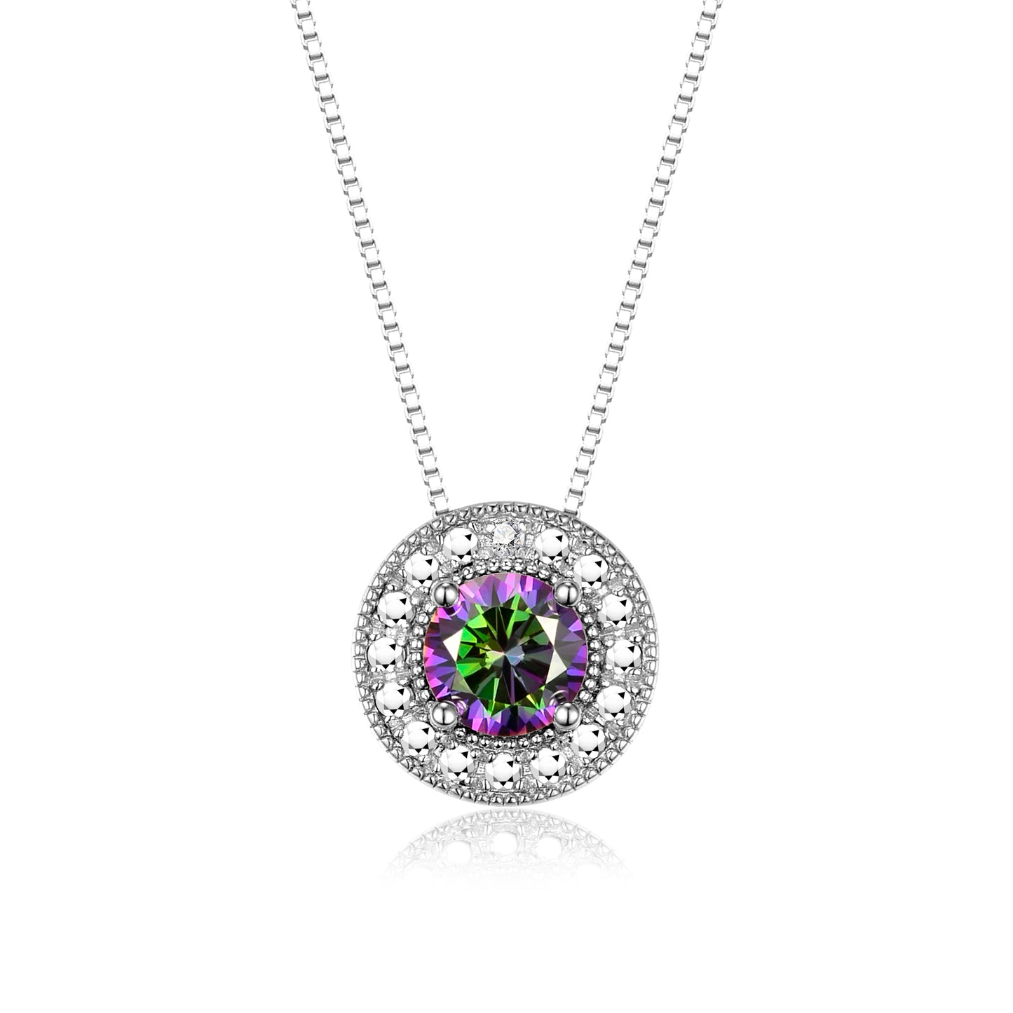 RYLOS 14K White Gold Halo Designer Necklace: Gemstone & Diamond, 18 inch Chain, 4MM Birthstone, Women's Elegant Jewelry