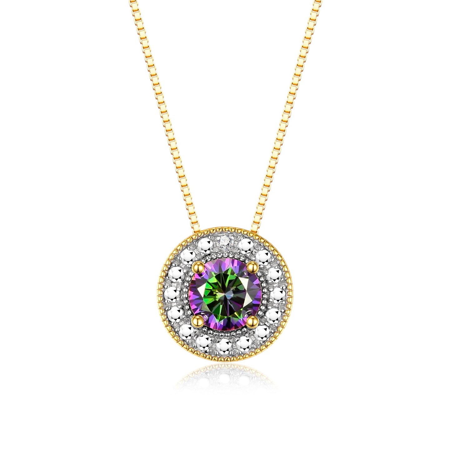 RYLOS Halo Designer Necklace: Gemstone & Diamond, 18" Chain, 4MM Birthstone, Yellow Gold Plated Silver Women's Elegant Jewelry