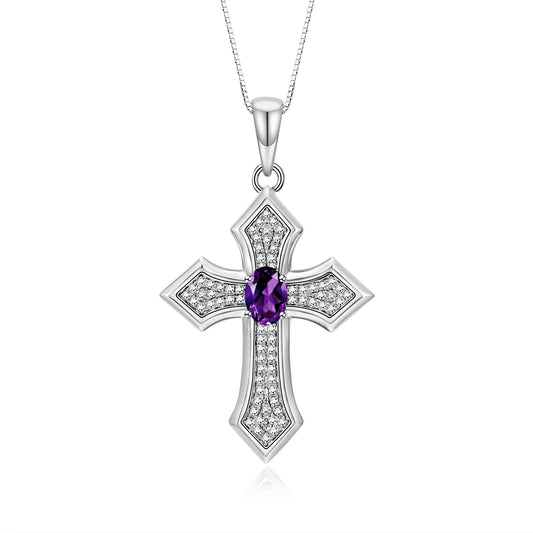 RYLOS 14K White Gold Cross Necklace: Gemstone &  Diamond Pendant - 7X5MM Birthstone - 18 Chain - Elegant Jewelry