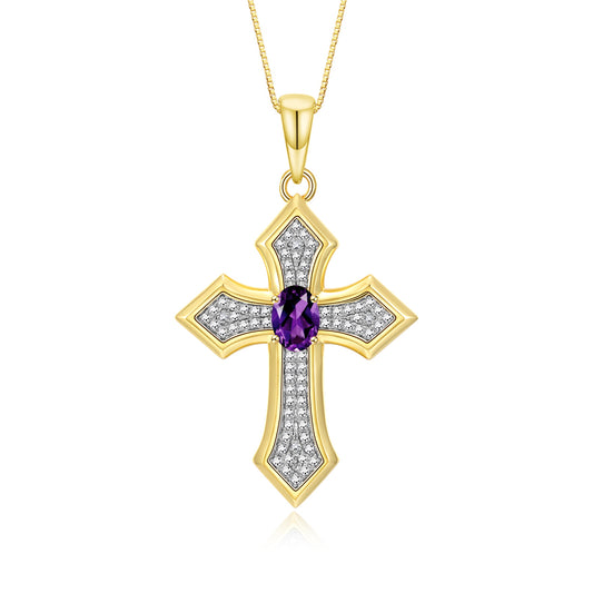 RYLOS Cross Necklace: Gemstone &  Diamond Yellow Gold Plated Silver 925 Pendant - 7X5MM Birthstone - 18 Chain - Elegant Jewelry