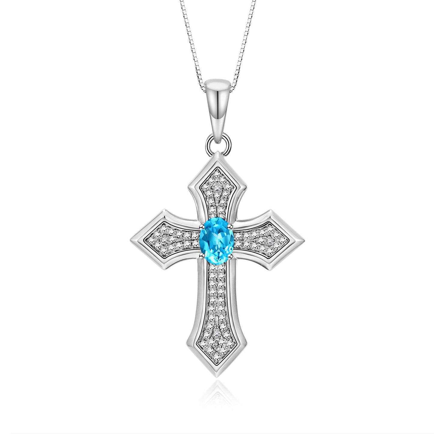 RYLOS 14K White Gold Cross Necklace: Gemstone &  Diamond Pendant - 7X5MM Birthstone - 18 Chain - Elegant Jewelry