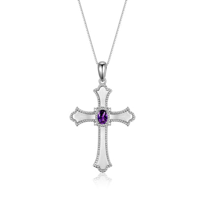 RYLOS Cross Necklace with Gemstones, Diamonds & 18" Chain - 6X4MM Birthstone Pendant for Women - Elegant Diamond Jewelry, Sterling Silver