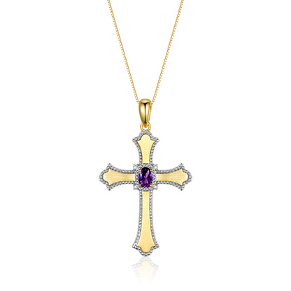 RYLOS Cross Necklace with Gemstones, Diamonds & 18" Chain - 6X4MM Birthstone Pendant for Women - Elegant Diamond Jewelry, Yellow Gold Plated Silver