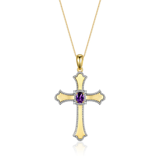 RYLOS 14K Yellow Gold Cross Necklace with Gemstones, Diamonds & 18 Chain - 6X4MM Birthstone Pendant for Women - Elegant Diamond Jewelry
