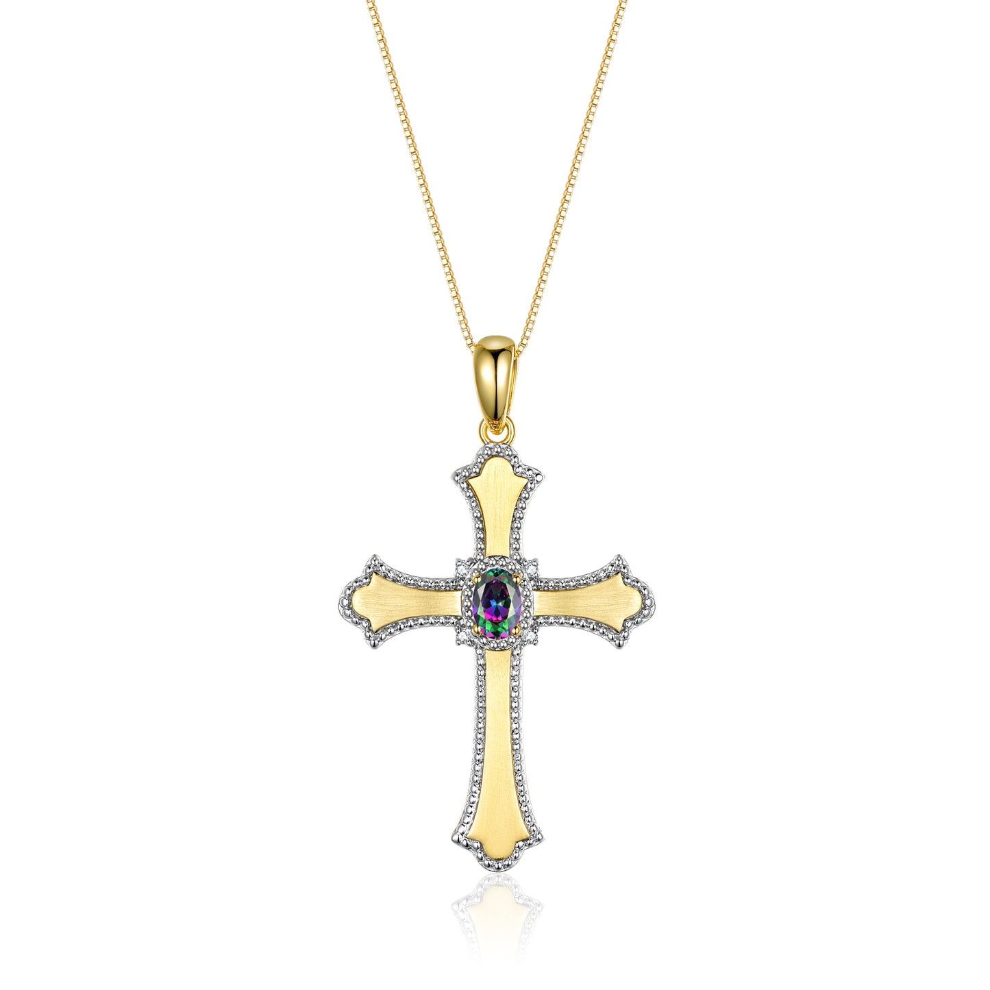 RYLOS Cross Necklace with Gemstones, Diamonds & 18" Chain - 6X4MM Birthstone Pendant for Women - Elegant Diamond Jewelry, Yellow Gold Plated Silver