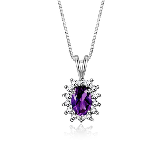 RYLOS 14K White Gold Halo Pendant Necklace: Gemstone & Diamond Accent, 18 Chain - 6X4MM Birthstone Women's Jewelry - Timeless Elegance