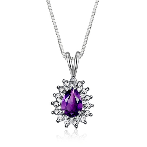 RYLOS Necklaces for Women Sterling Silver Halo Pendant with Pear Tear Drop Gemstone & Genuine Diamond Necklace 18" Chain 6X4MM  Amethyst February Birthstone  Womens Jewelry Silver Necklace For Women