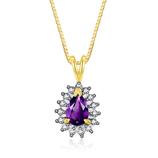 RYLOS Halo Pendant Yellow Gold Plated Necklace : Gemstone & Diamond Accent, 18 Chain - 6X4MM Tear Drop Birthstone Women's Jewelry - Timeless Elegance