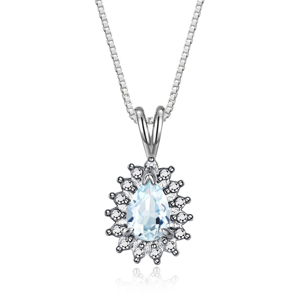 RYLOS Necklaces for Women Sterling Silver Halo Pendant with Pear Tear Drop Gemstone & Genuine Diamond Necklace 18" Chain 6X4MM  Aquamarine March Birthstone  Womens Jewelry Silver Necklace For Women