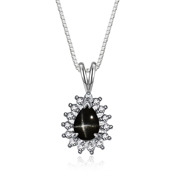 RYLOS Necklaces for Women Sterling Silver Halo Pendant Pear Tear Drop Gemstone & Genuine Diamond Necklace 18" Chain 6X4MM  Black Star Sapphire Birthstone  Womens Jewelry Silver Necklace For Women