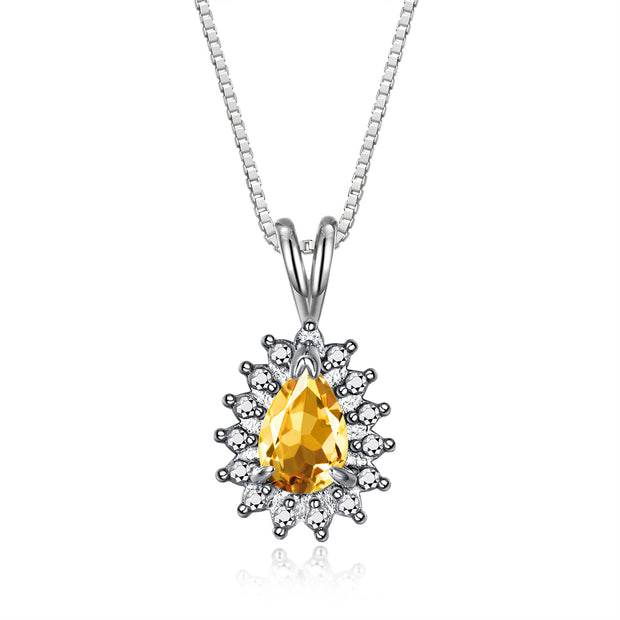 RYLOS Necklaces for Women Sterling Silver Halo Pendant with Pear Tear Drop Gemstone & Genuine Diamond Necklace 18" Chain 6X4MM  Citrine November Birthstone  Womens Jewelry Silver Necklace For Women