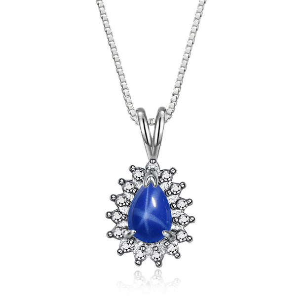 RYLOS Necklaces for Women Sterling Silver Halo Pendant Pear Tear Drop Gemstone & Genuine Diamond Necklace 18" Chain 6X4MM  Blue Star Sapphire Birthstone  Womens Jewelry Silver Necklace For Women