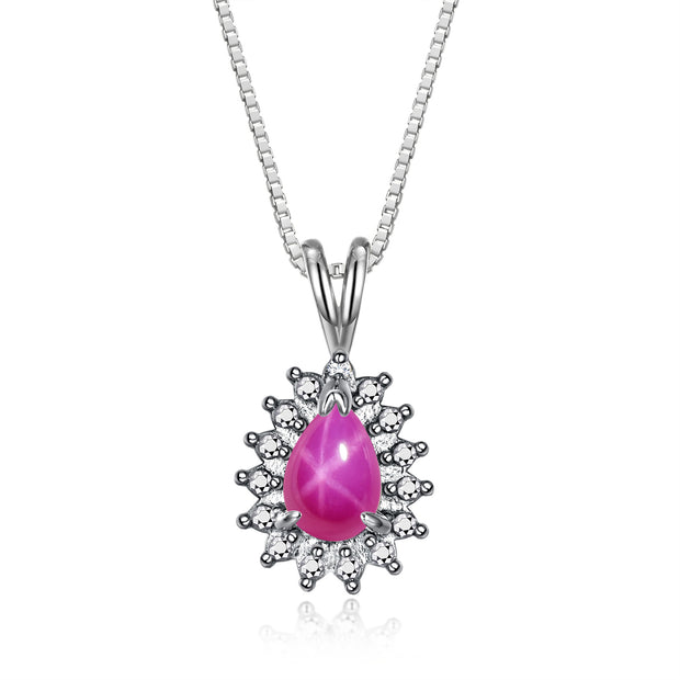 RYLOS Necklaces for Women 925 Sterling Silver Halo Pendant with Pear Tear Drop Gemstone & Genuine Diamond Necklace 18" Chain 6X4MM  Star Ruby July Birthstone  Womens Jewelry Silver Necklace For Women