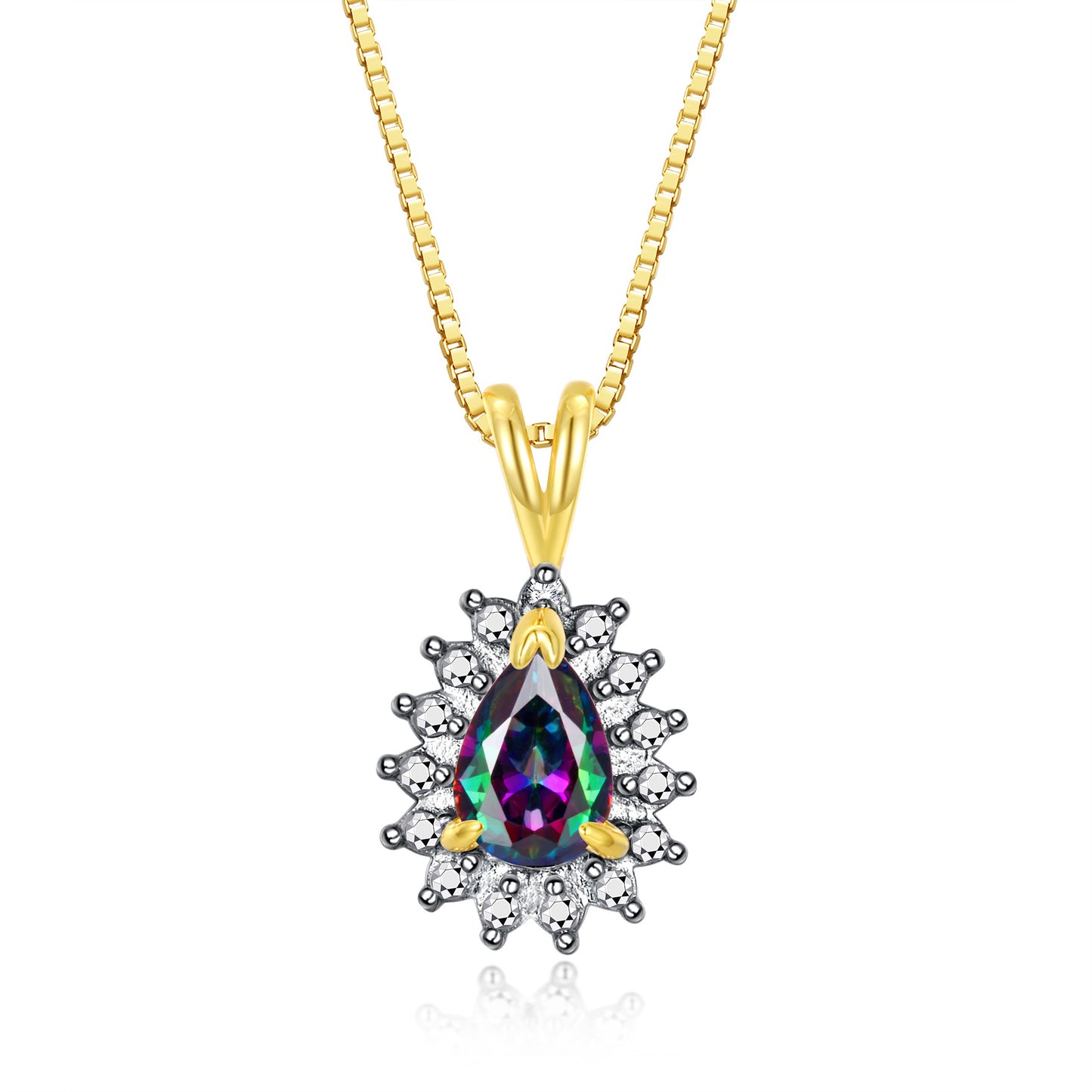 RYLOS Halo Pendant Yellow Gold Plated Necklace : Gemstone & Diamond Accent, 18 Chain - 6X4MM Tear Drop Birthstone Women's Jewelry - Timeless Elegance
