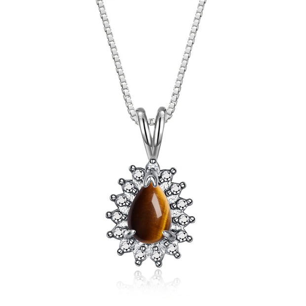 RYLOS Necklaces for Women Sterling Silver Halo Pendant with Pear Tear Drop Gemstone & Genuine Diamond Necklace 18" Chain 6X4MM  Tiger Eye November Birthstone  Womens Jewelry Silver Necklace For Women